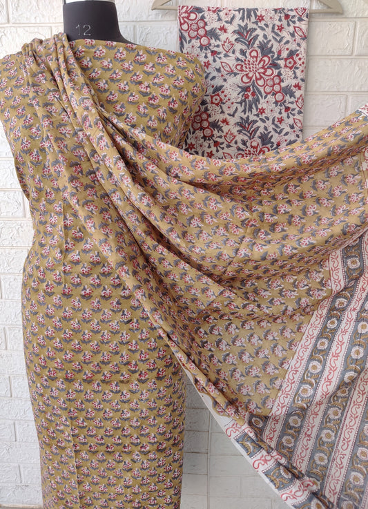 Hand Block Printed Cotton Suit With Mulmul Cotton Dupatta