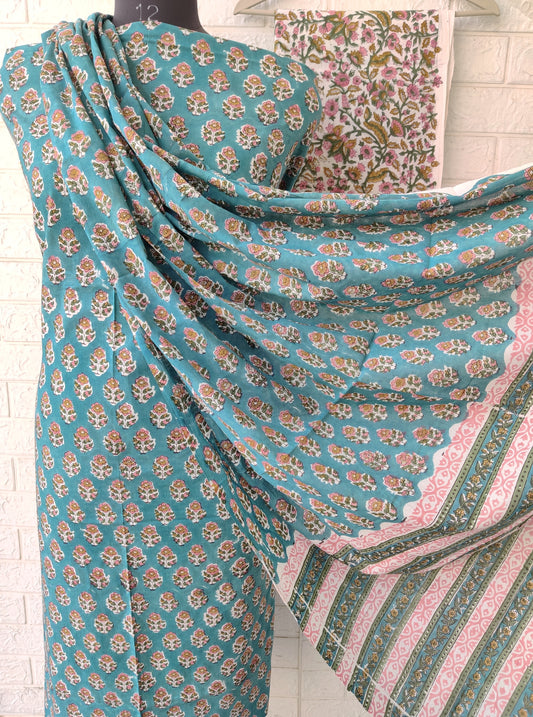 Hand Block Printed Cotton Suit With Mulmul Cotton Dupatta