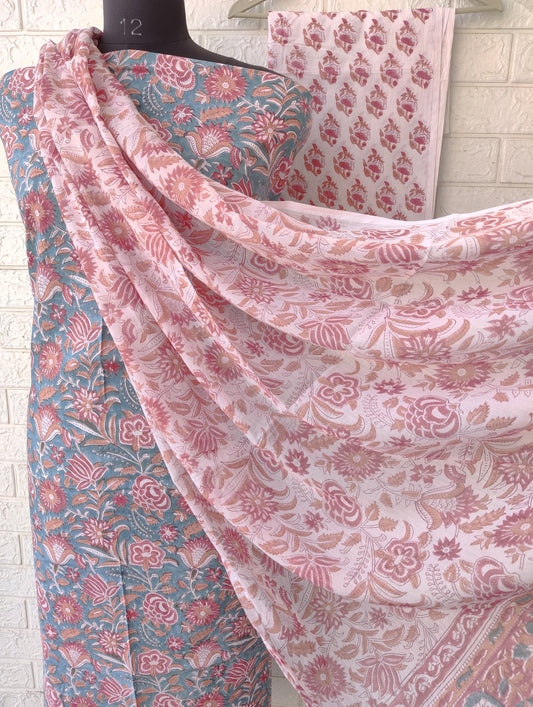 Hand Block Printed Cotton Suit With Mulmul Cotton Dupatta