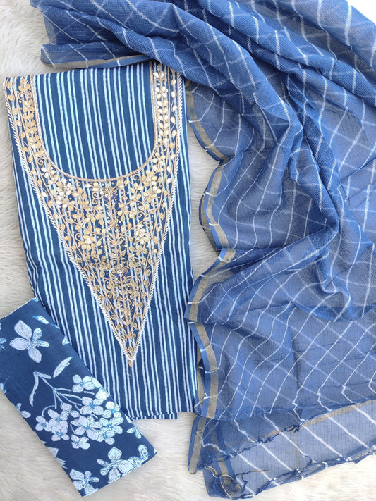 JAIPURI PRINTED GOTA PATTI NECK WORK SUITS WITH LEHRIYA KOTA DORIA DUPATTA