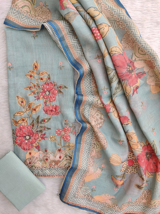 Exclusive Unstitched Linen Neck Work Suits with Linen Digital Printed Dupatta