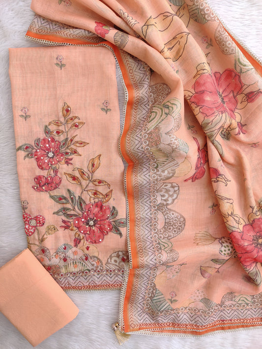 Exclusive Unstitched Linen Neck Work Suits with Linen Digital Printed Dupatta