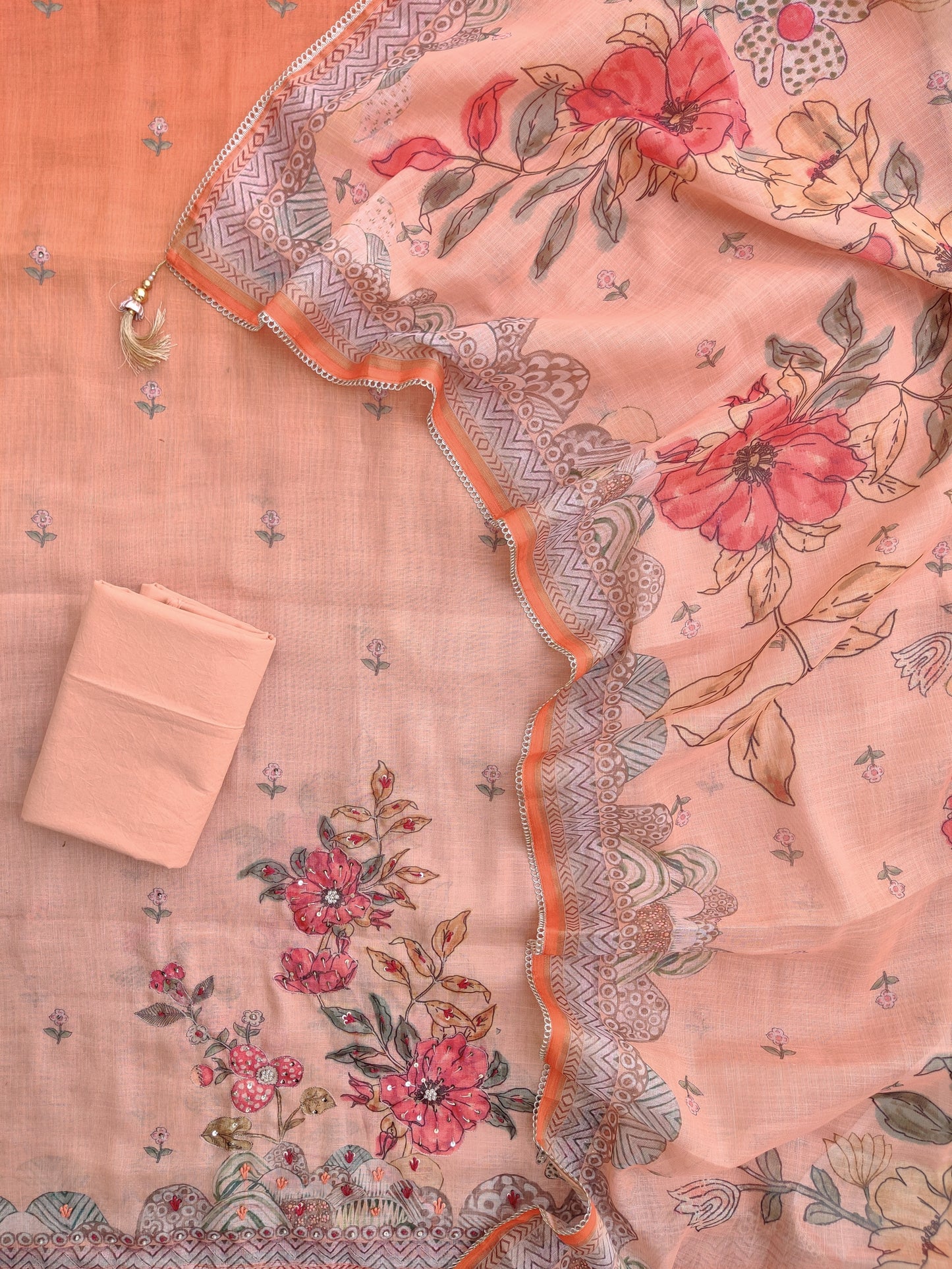 Exclusive Unstitched Linen Neck Work Suits with Linen Digital Printed Dupatta