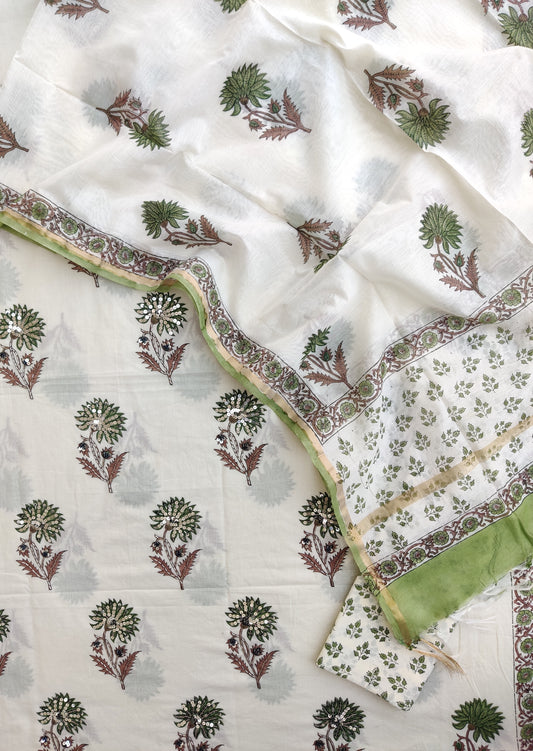Hand Block Printed Cotton Suit with Mul Chanderi Dupatta