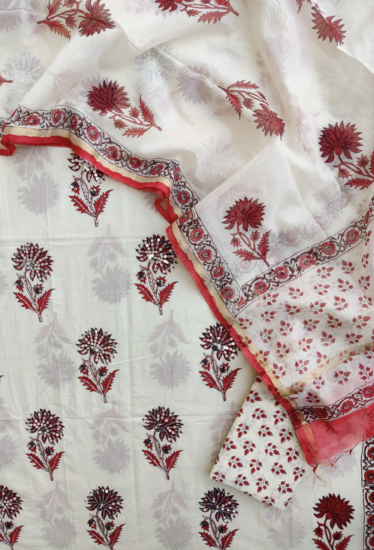 Hand Block Printed Cotton Suit with Mul Chanderi Dupatta