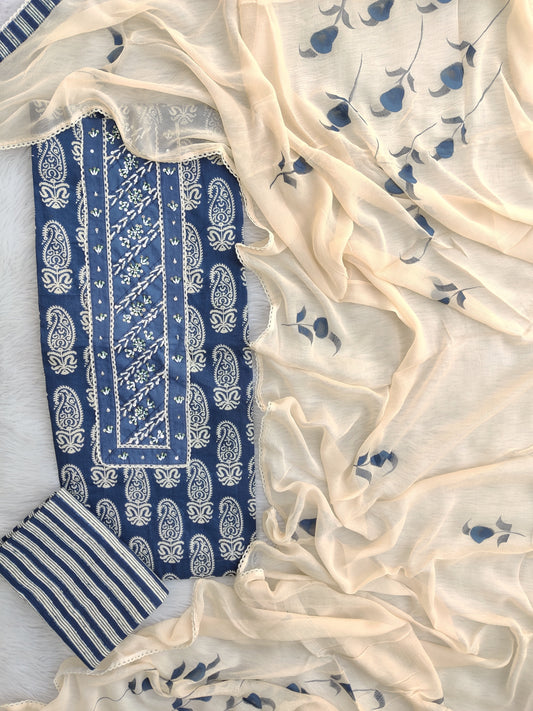 Exclusive Unstitched Cotton Neck Work Suits with Chiffon Dupatta