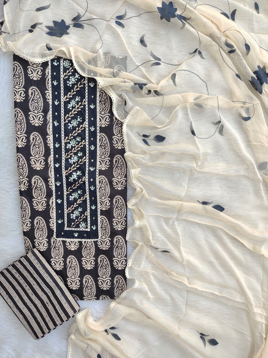 Exclusive Unstitched Cotton Neck Work Suits with Chiffon Dupatta