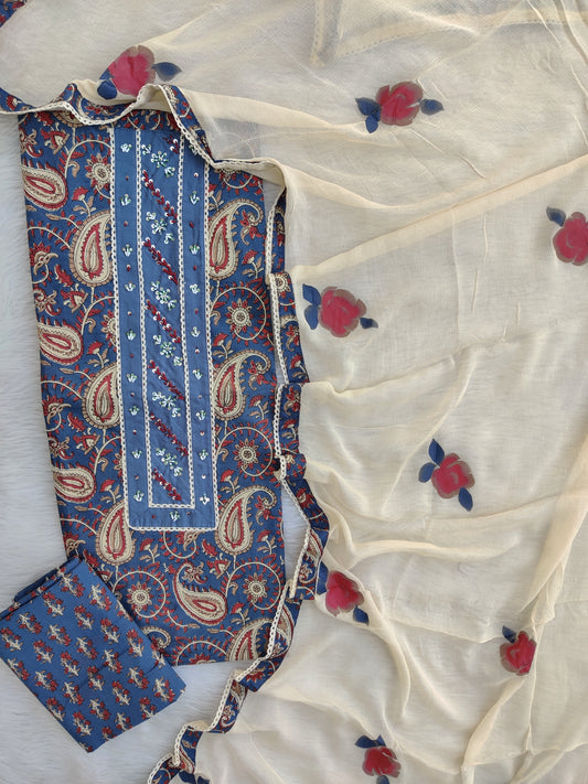 Exclusive Unstitched Cotton Neck Work Suits with Chiffon Dupatta