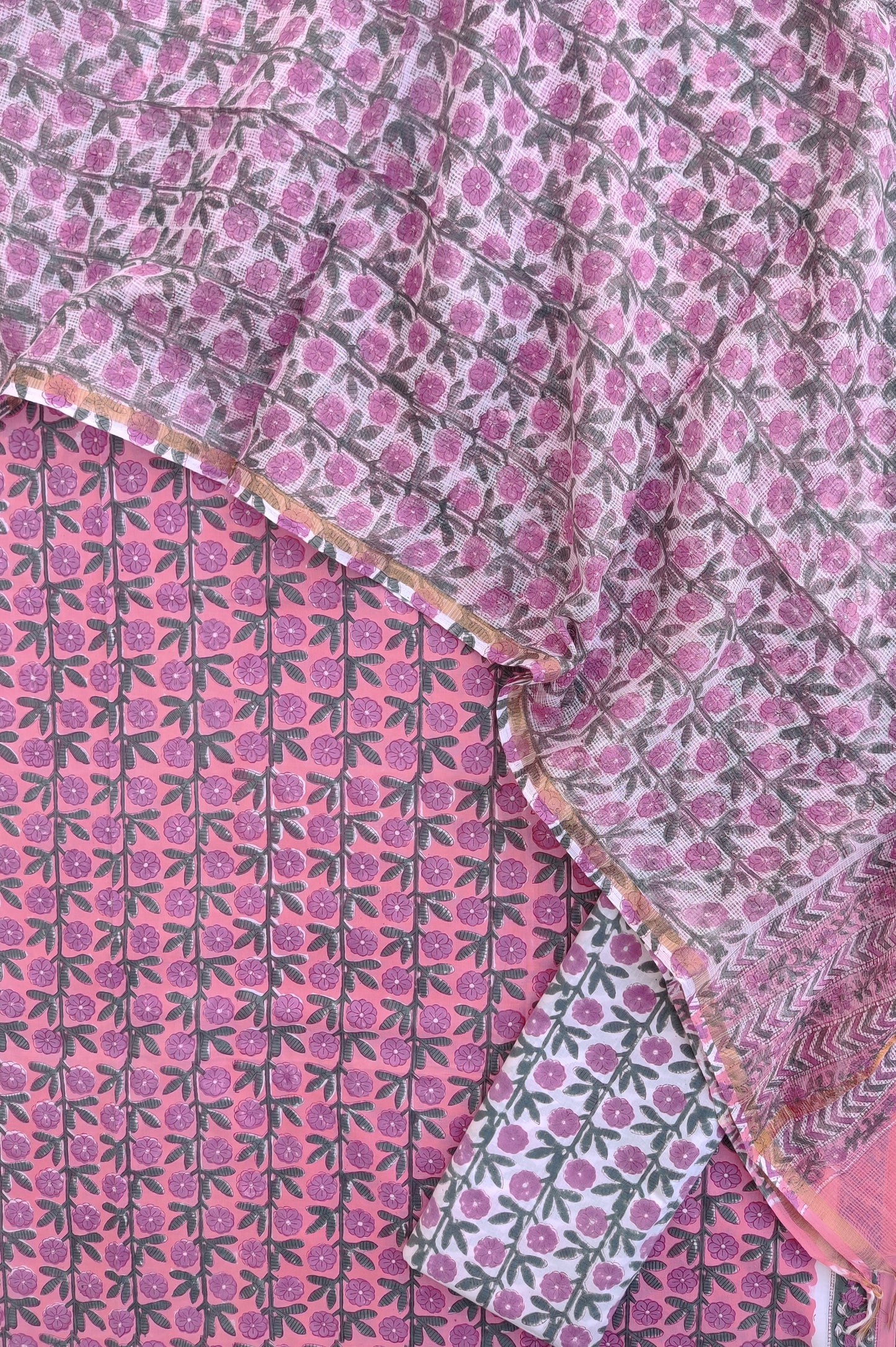 Hand Block Printed Cotton Suit with Cotton Kota Doria dupatta