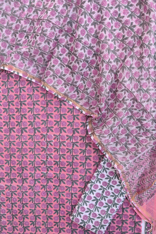Hand Block Printed Cotton Suit with Cotton Kota Doria dupatta