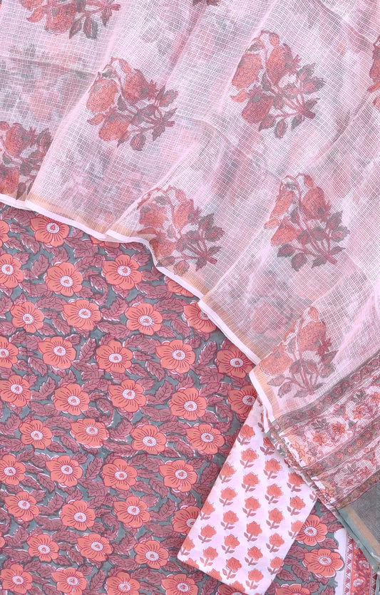 Hand Block Printed Cotton Suit with Cotton Kota Doria dupatta