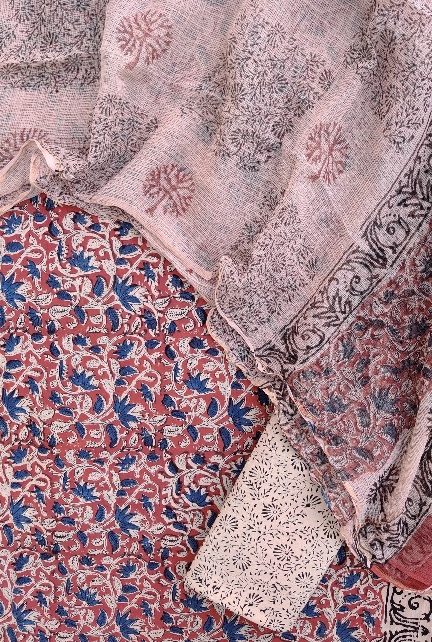 KALAMKARI Hand Block Printed Cotton Suit with Cotton Kota Doria dupatta