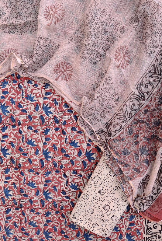 KALAMKARI Hand Block Printed Cotton Suit with Cotton Kota Doria dupatta