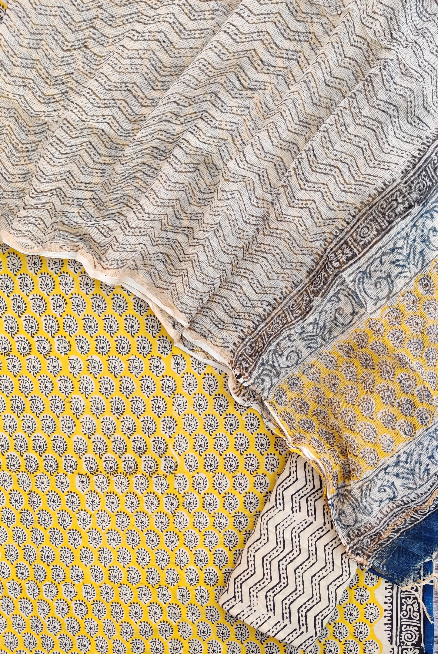 KALAMKARI Hand Block Printed Cotton Suit with Cotton Kota Doria dupatta