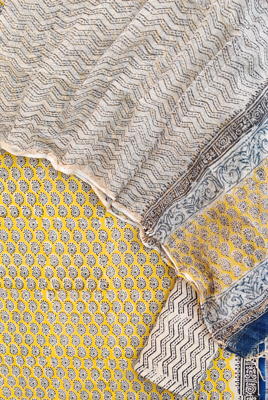 KALAMKARI Hand Block Printed Cotton Suit with Cotton Kota Doria dupatta