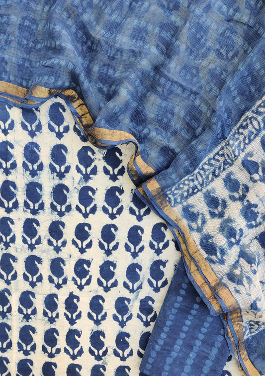 INDIGO DABU Hand Block Printed Cotton Suit with Cotton Kota Doria dupatta