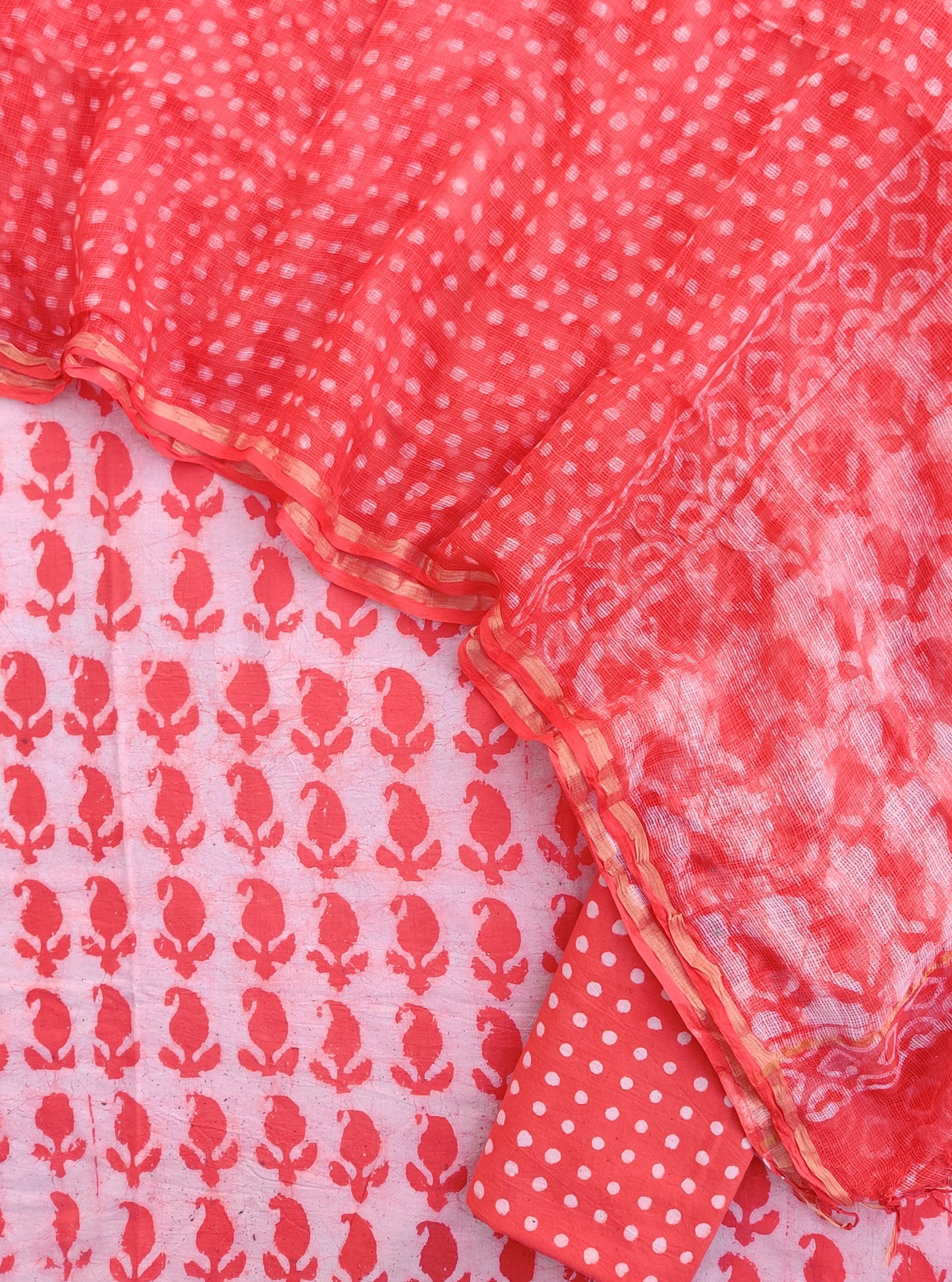 DABU Hand Block Printed Cotton Suit with Cotton Kota Doria dupatta