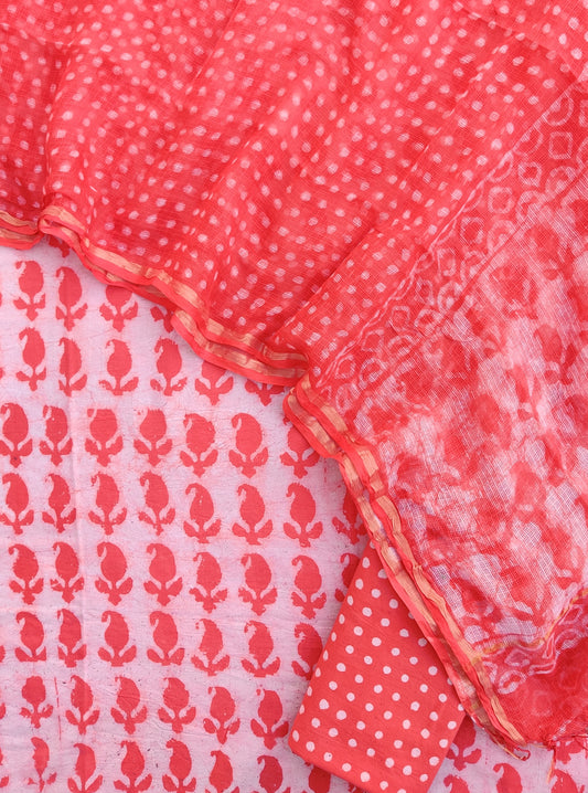DABU Hand Block Printed Cotton Suit with Cotton Kota Doria dupatta