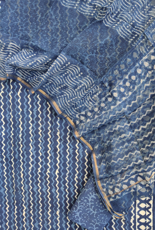 INDIGO DABU Hand Block Printed Cotton Suit with Cotton Kota Doria dupatta