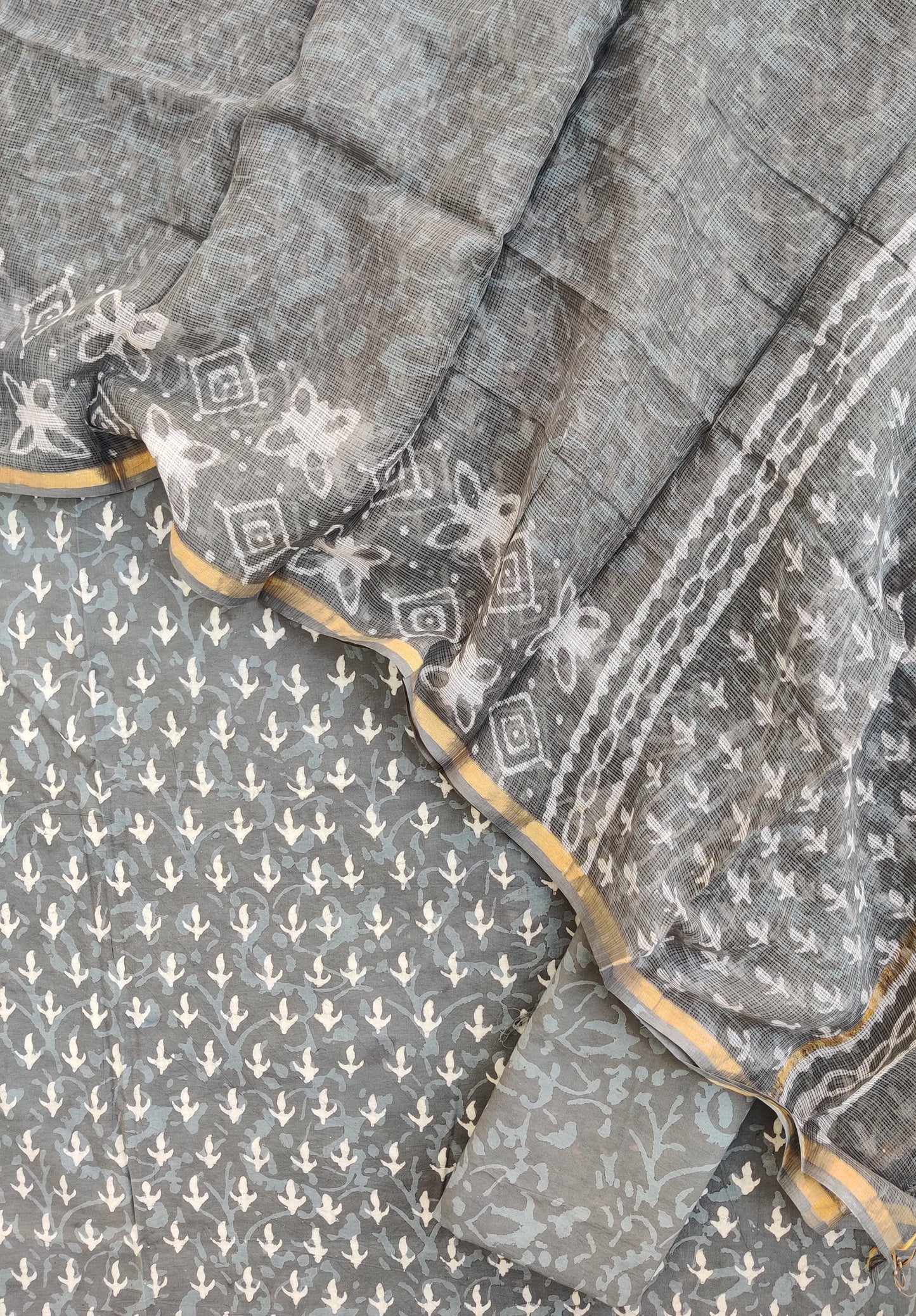 DABU Hand Block Printed Cotton Suit with Cotton Kota Doria dupatta