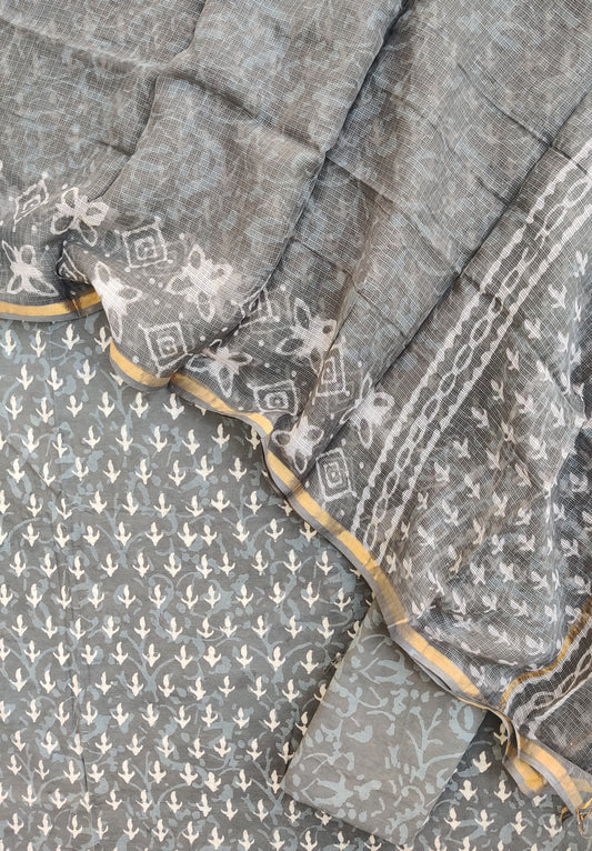 DABU Hand Block Printed Cotton Suit with Cotton Kota Doria dupatta