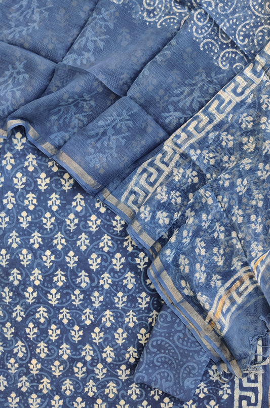 INDIGO DABU Hand Block Printed Cotton Suit with Cotton Kota Doria dupatta