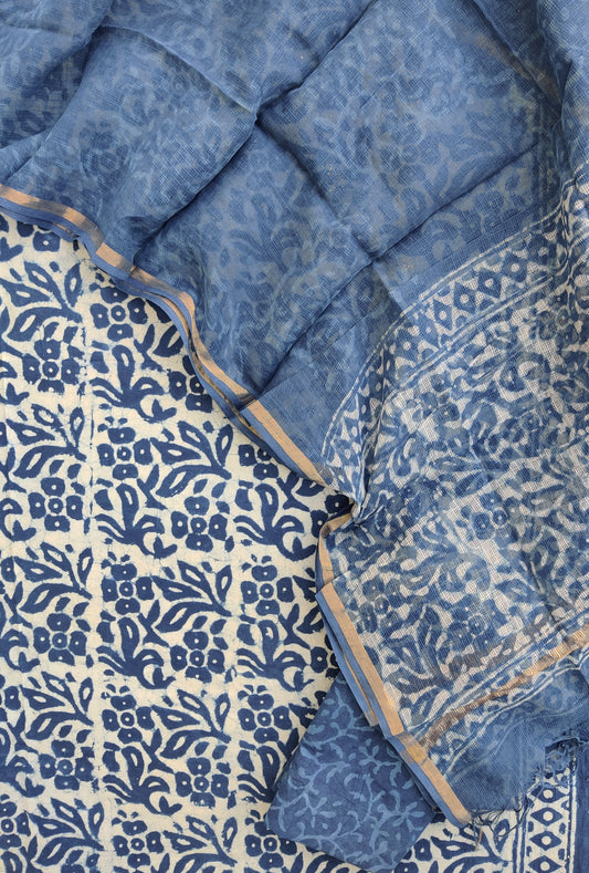 INDIGO DABU Hand Block Printed Cotton Suit with Cotton Kota Doria dupatta