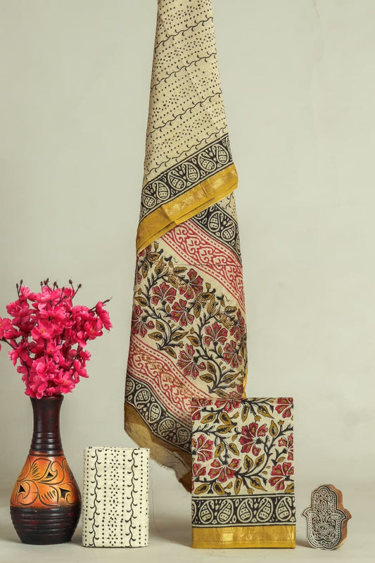 HAND BLOCK Printed Maheshwari Silk Suit with Maheshwari Silk Dupatta