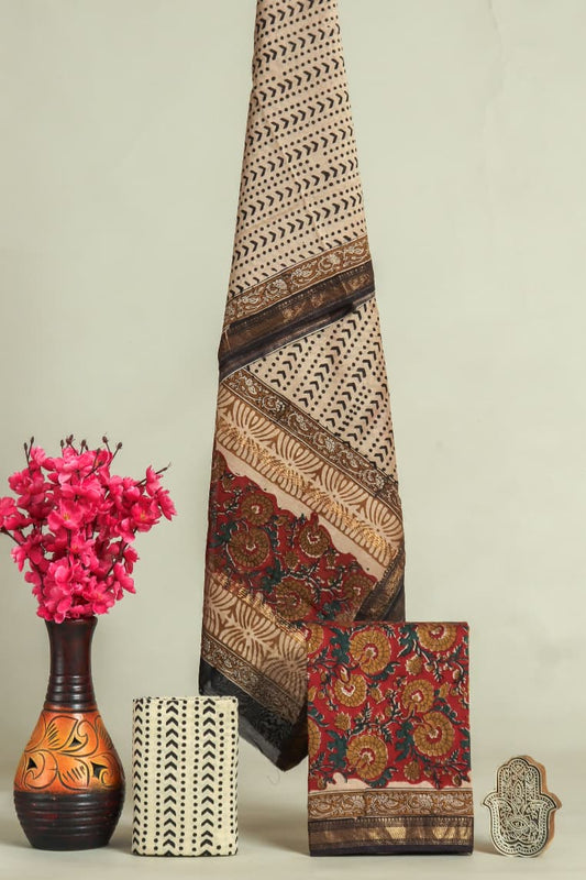 HAND BLOCK Printed Maheshwari Silk Suit with Maheshwari Silk Dupatta