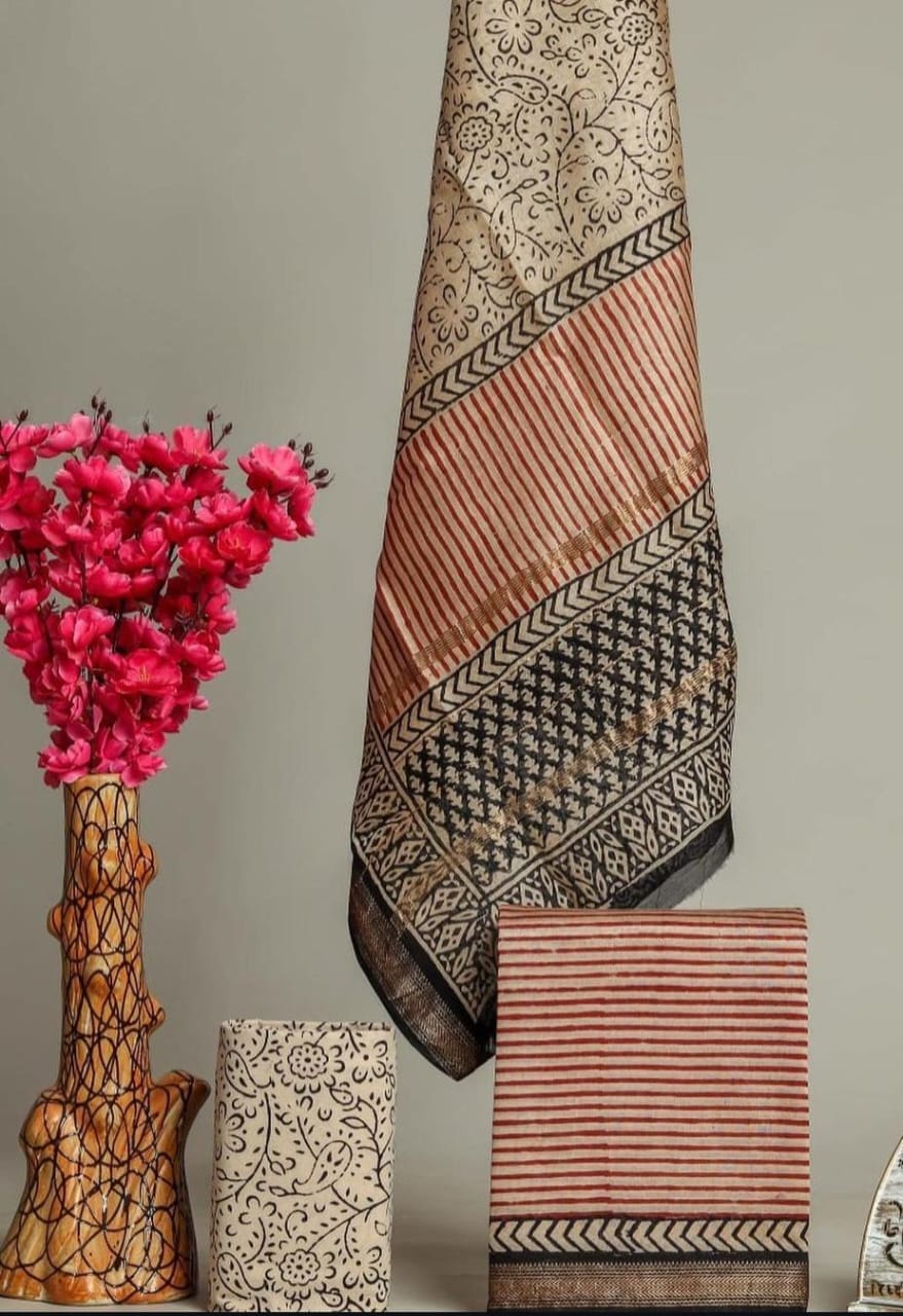 HAND BLOCK Printed Maheshwari Silk Suit with Maheshwari Silk Dupatta