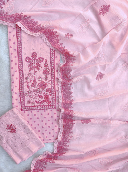 NEW LAUNCH Exclusive Unstitched Cotton Neck Work Suits with Mulmul Dupatta