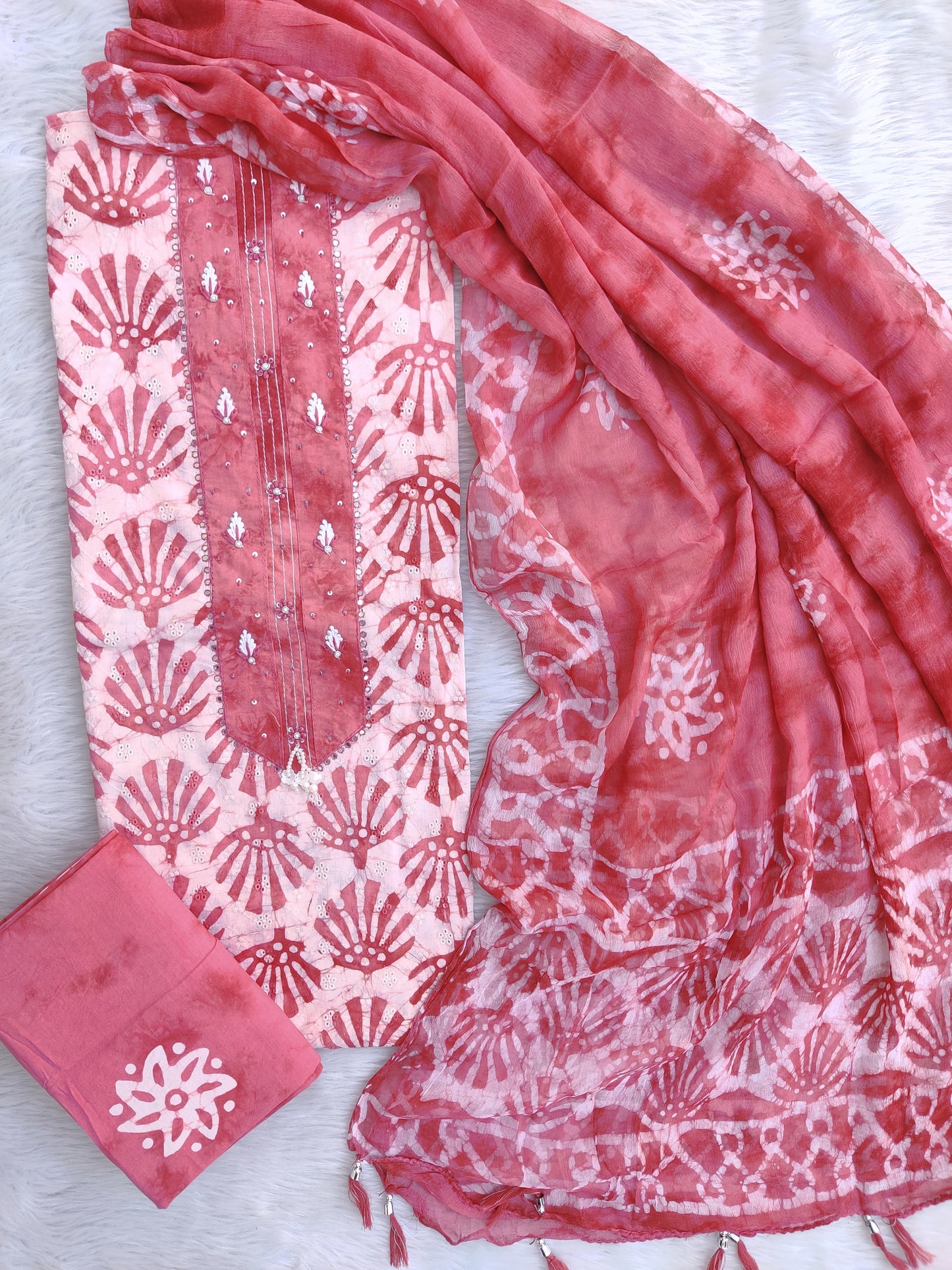 NEW LAUNCH Exclusive Unstitched Cotton Neck Work Suits with Chiffon Dupatta