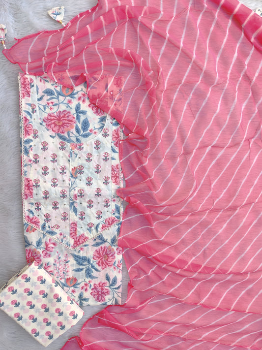 Exclusive Unstitched Cotton Neck Work Suits with Chiffon Dupatta
