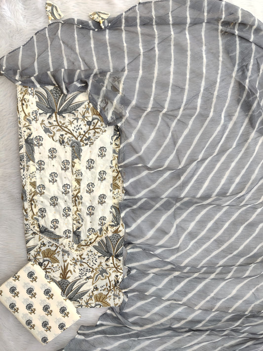 Exclusive Unstitched Cotton Neck Work Suits with Chiffon Dupatta