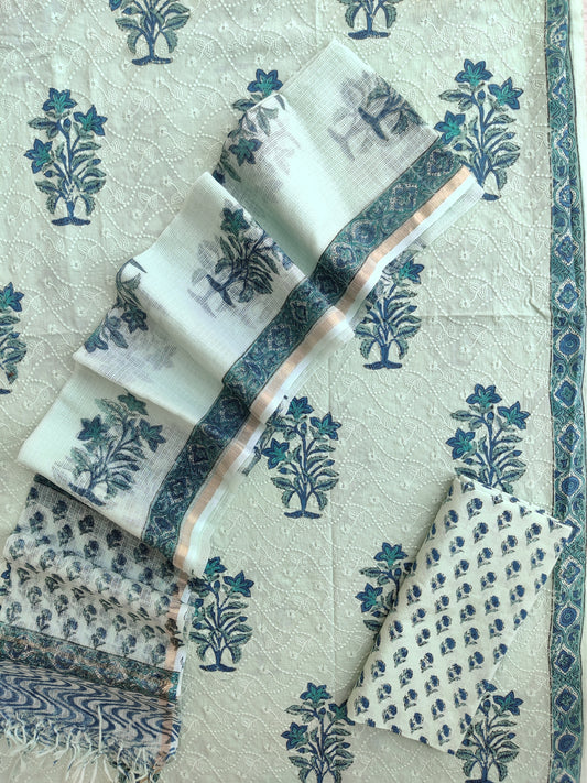 Hand Block Printed Cotton Schiffli Suit with Kota Doria Dupatta