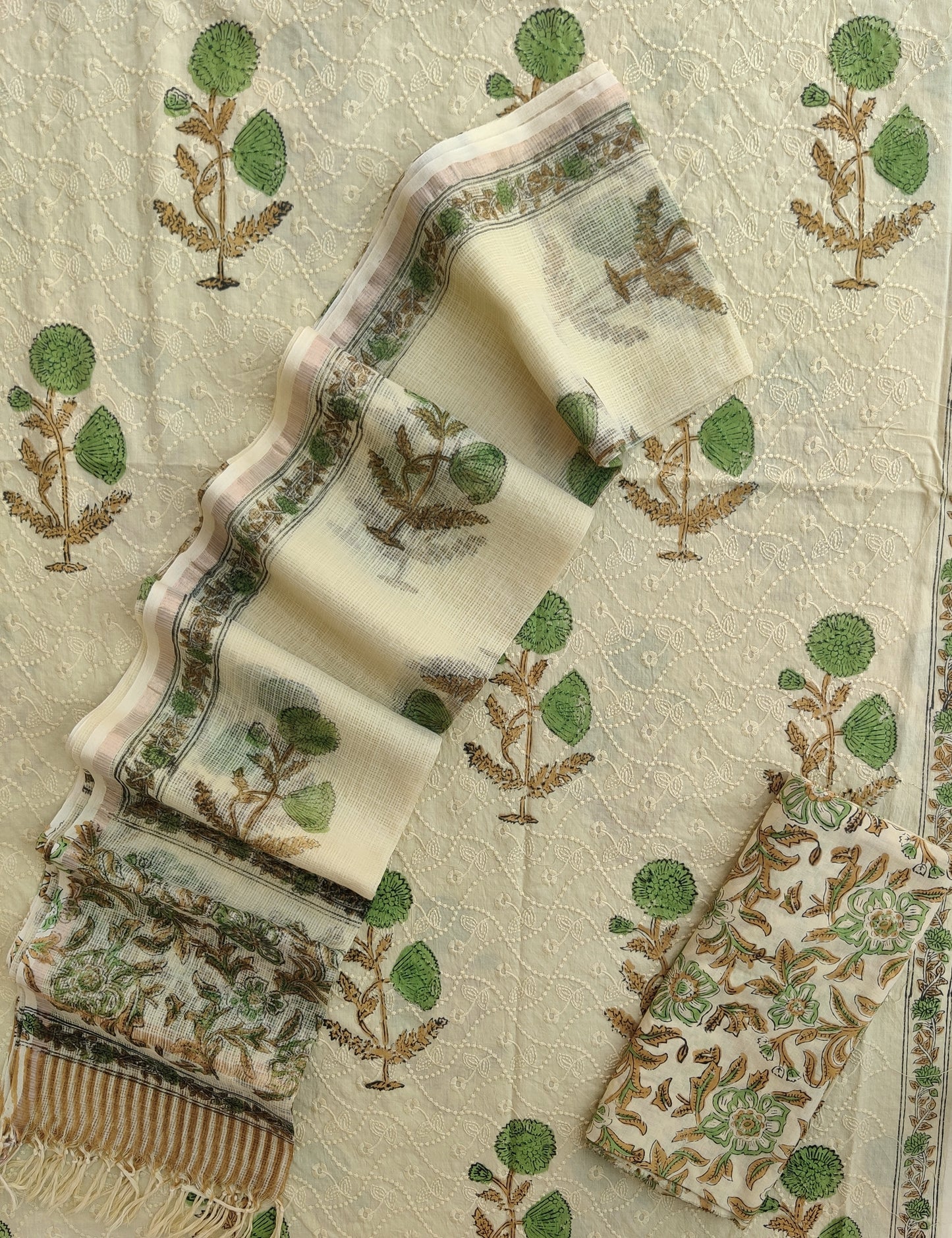 Hand Block Printed Cotton Schiffli Suit with Kota Doria Dupatta