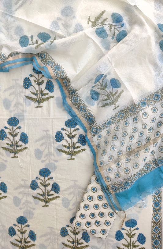 Hand Block Printed Cotton Suit with Mul Chanderi Dupatta