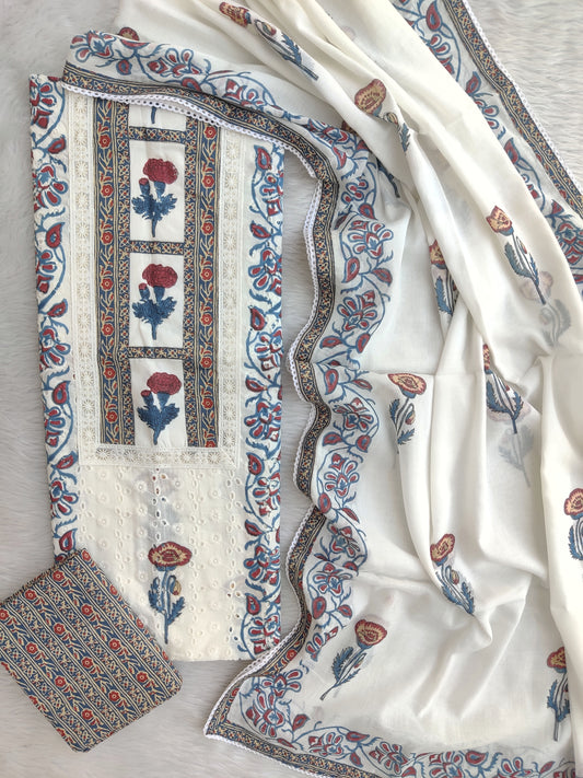 ELEGANT COTTON SCHIFFLI HAKUBA EMBROIDERY MUGHAL BUTA NECK WORK SUIT SET WITH MULMUL DUPATTA