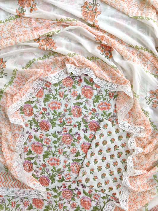 Hand Block Printed Cotton Suit With Lace Work Mulmul Dupatta