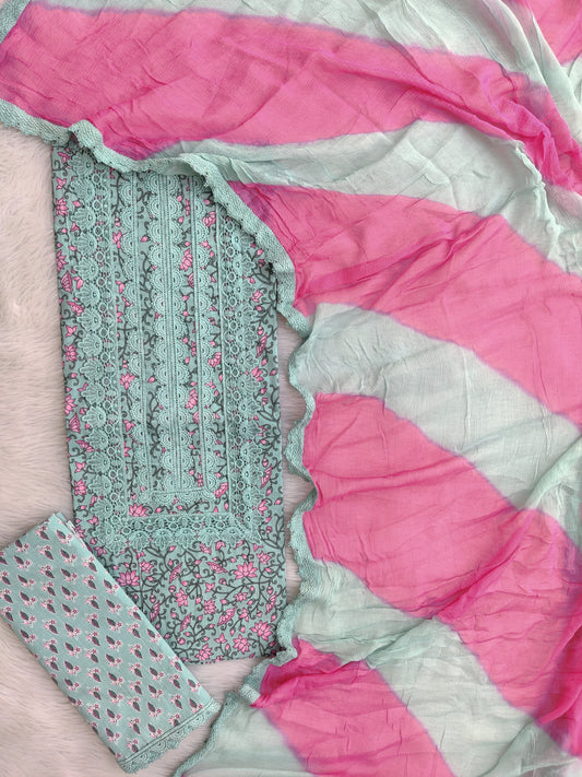 Exclusive Unstitched Cotton Neck Work Suits with Chiffon Dupatta