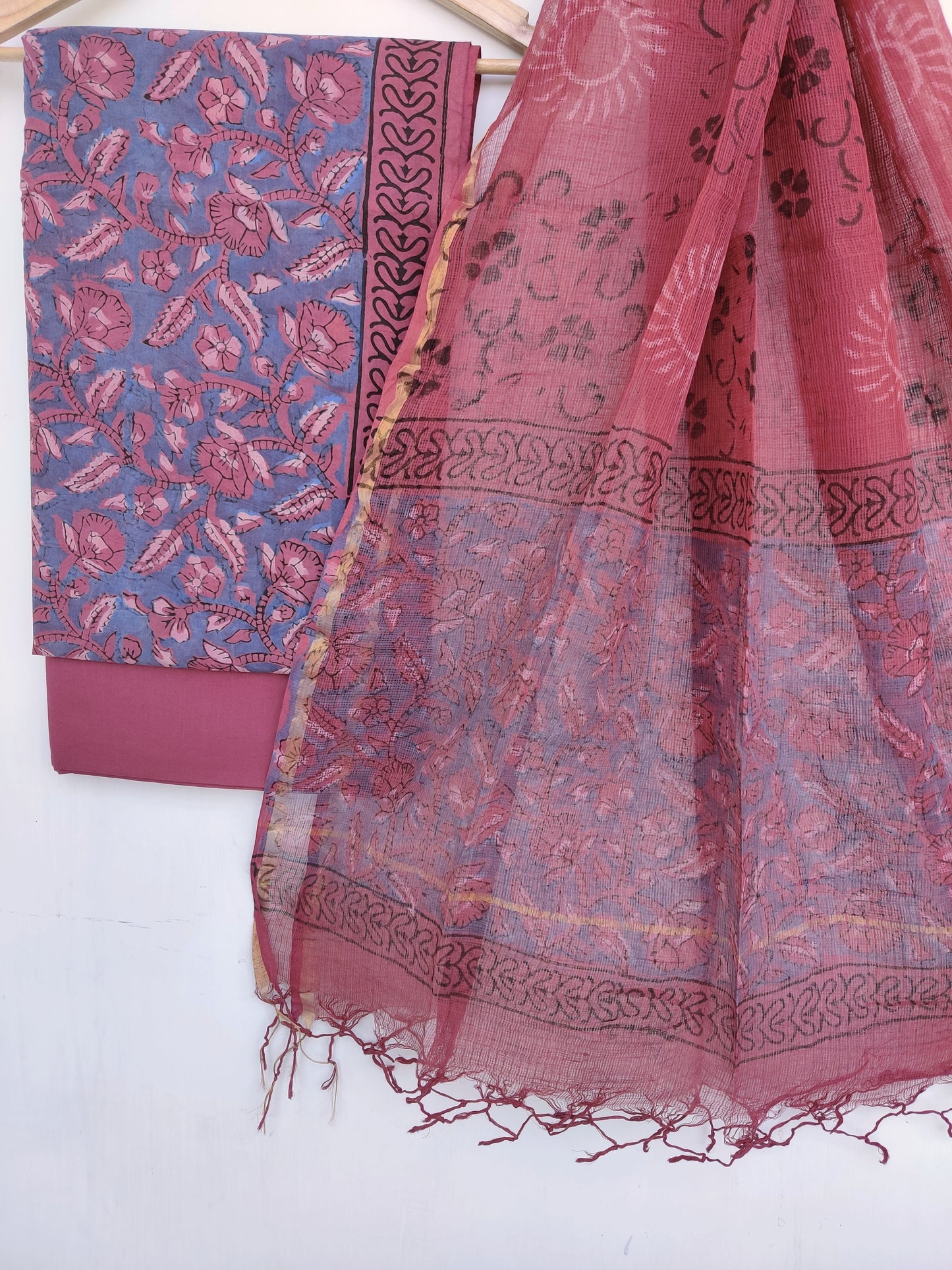 (VANASPATI) Block Printed Cotton Suit with Cotton Kota Doria dupattaa