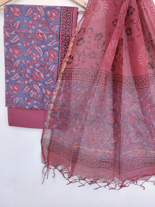 (VANASPATI) Block Printed Cotton Suit with Cotton Kota Doria dupattaa