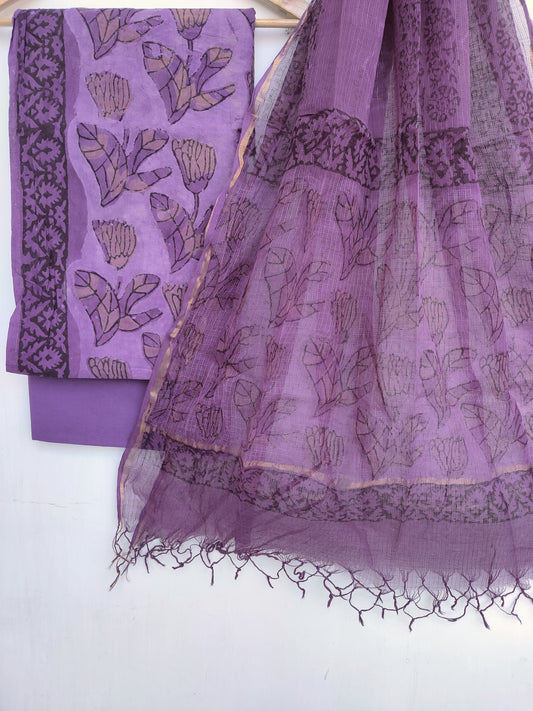 (VANASPATI) Block Printed Cotton Suit with Cotton Kota Doria dupattaa
