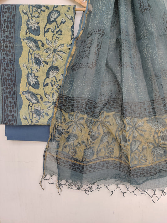 (VANASPATI) Block Printed Cotton Suit with Cotton Kota Doria dupattaa