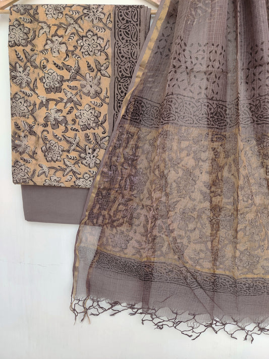 (VANASPATI) Block Printed Cotton Suit with Cotton Kota Doria dupattaa