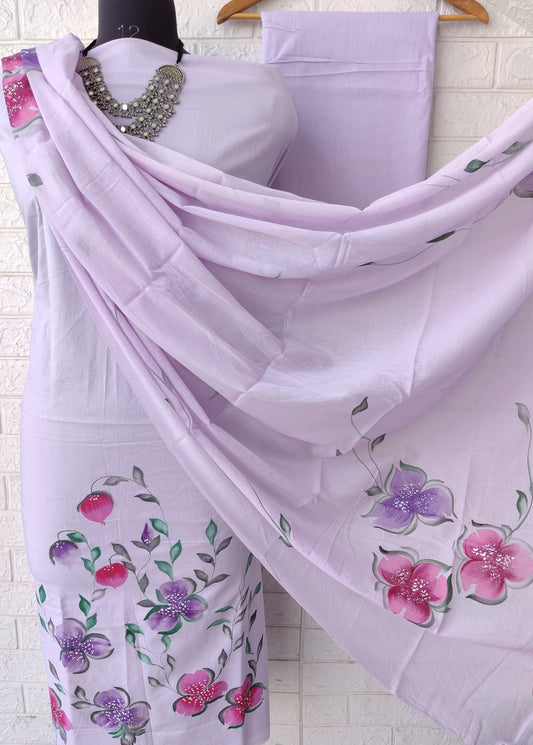 Hand Painted Cotton Suits with Mulmul Dupatta
