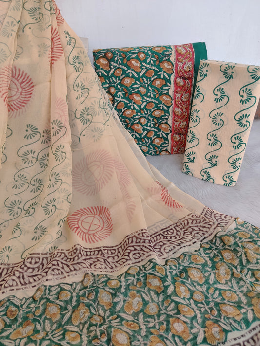 (KALAMKARI) HAND BLOCK PRINTED COTTON SUIT WITH PURE CHIFFON DUPATTA
