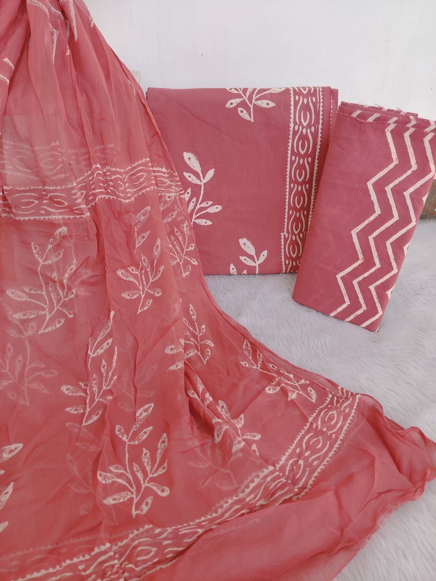 HAND BLOCK PRINTED COTTON SUIT WITH PURE CHIFFON DUPATTA