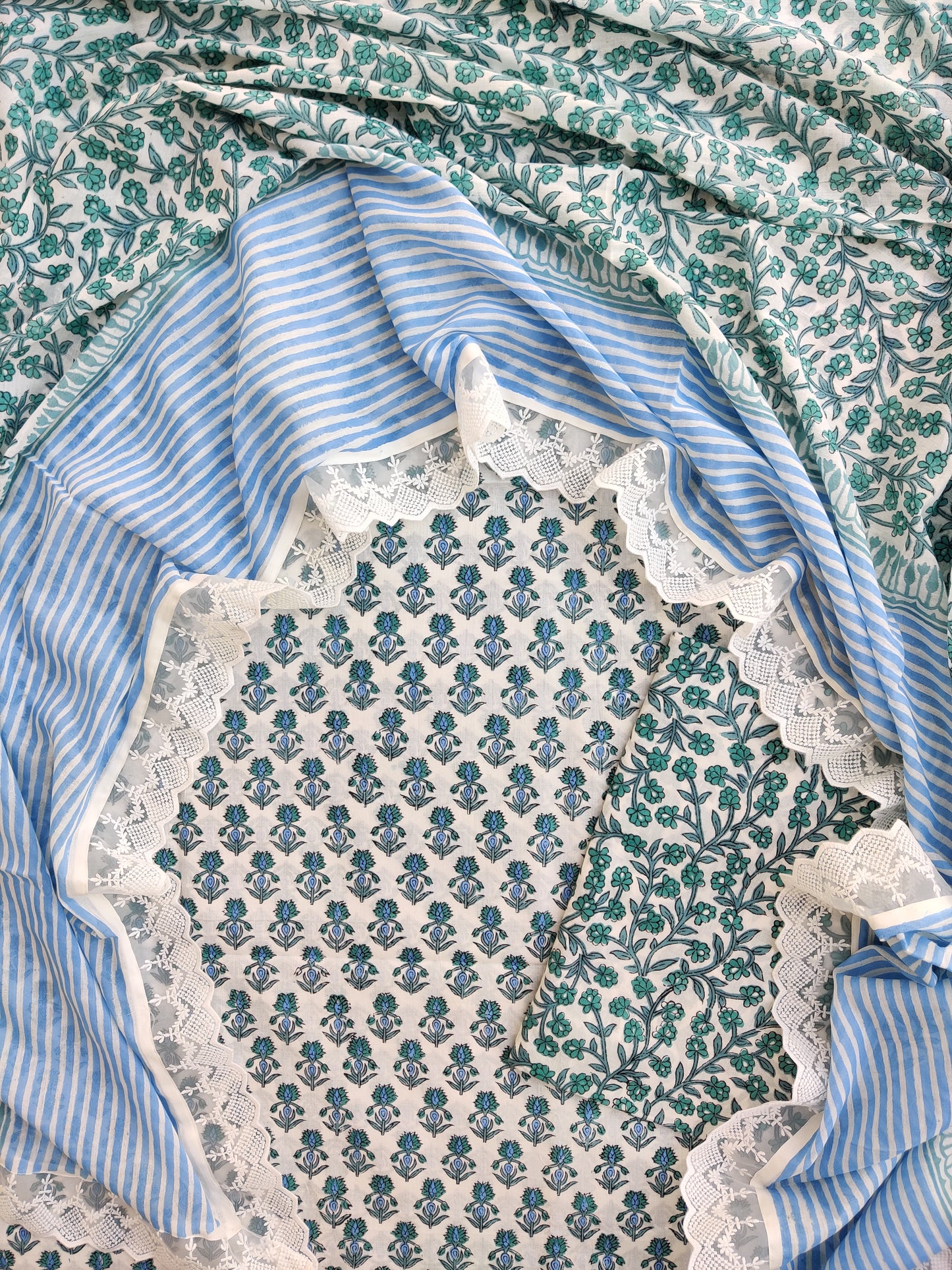 Hand Block Printed Cotton Suit With Lace Work Mulmul Dupatta