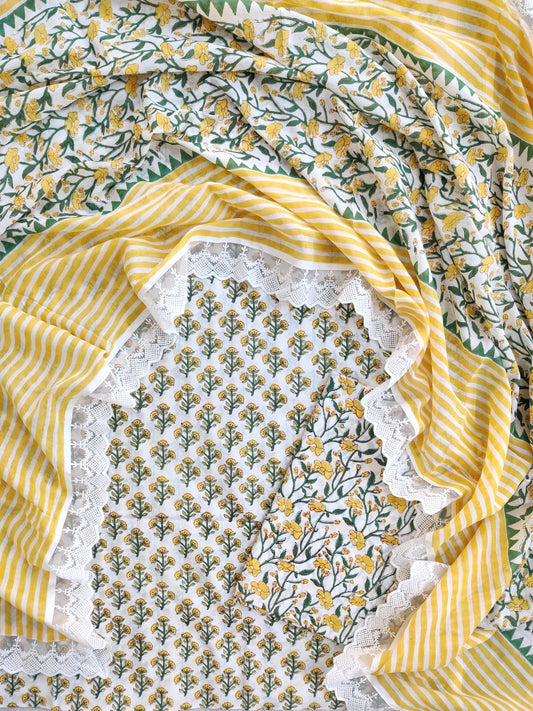 Hand Block Printed Cotton Suit With Lace Work Mulmul Dupatta